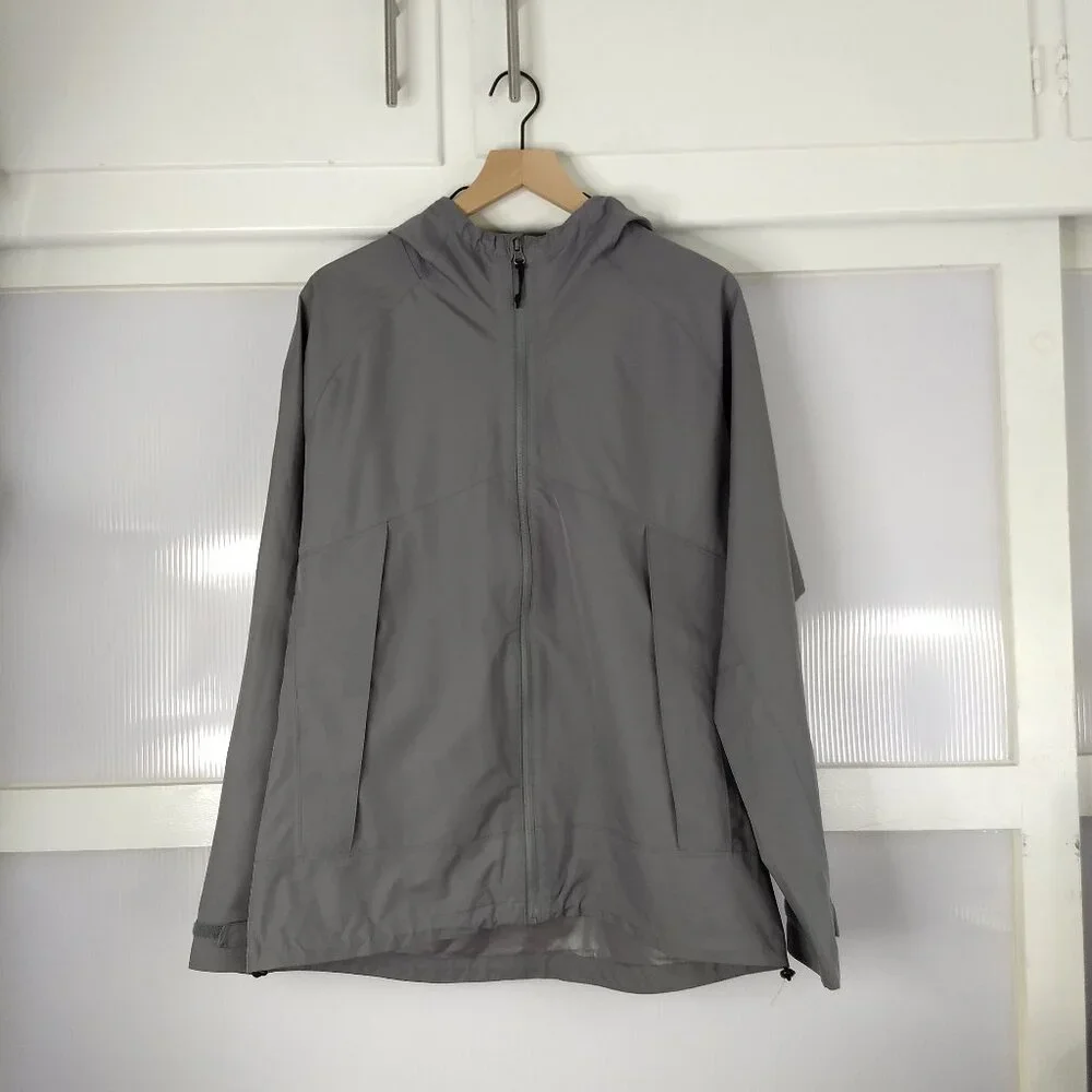 George Grey Hooded Rain Jacket Coat Zippered Adjustable Cuffs Medium Polyester